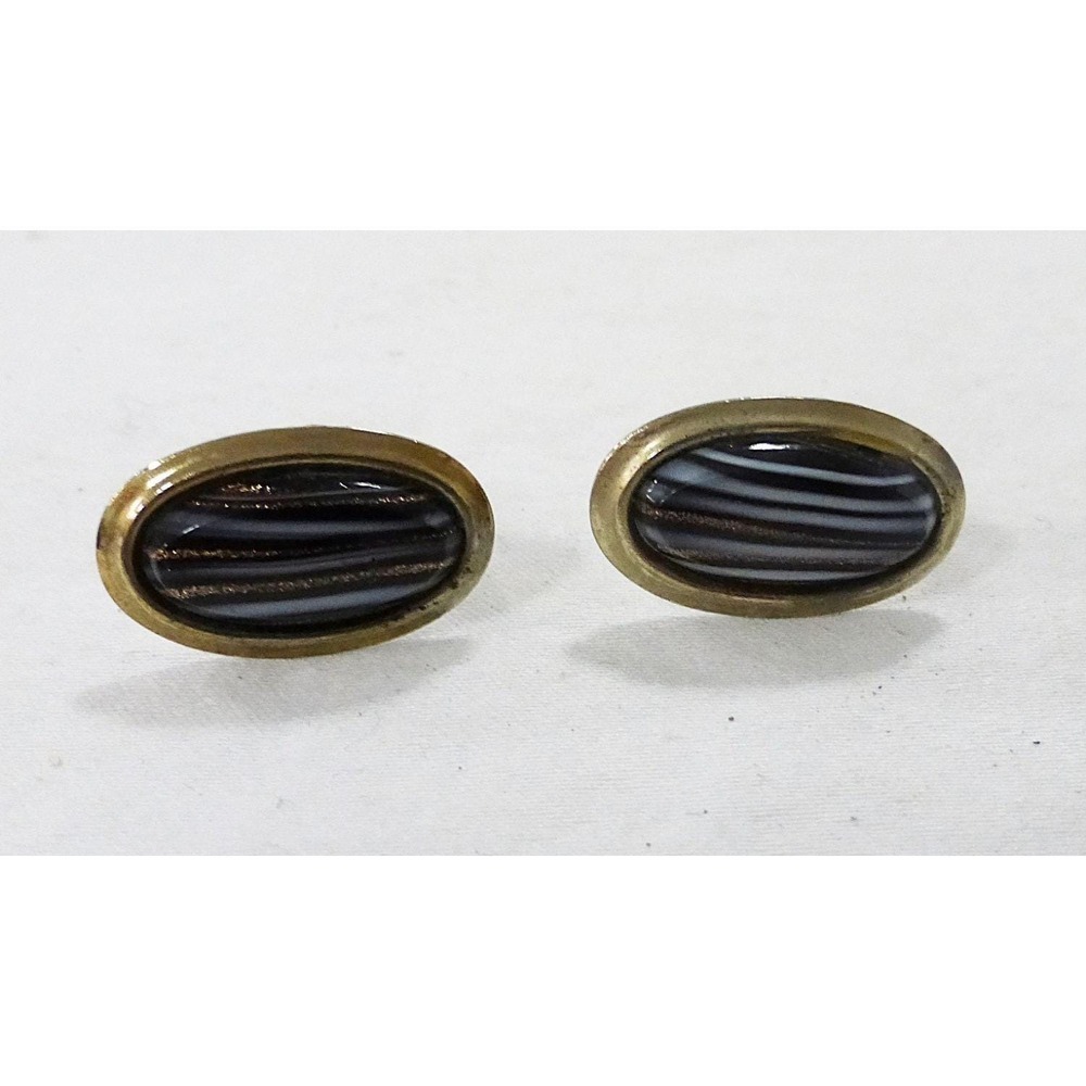 Vintage cufflinks art glass oval filigree black white gold preppy academia